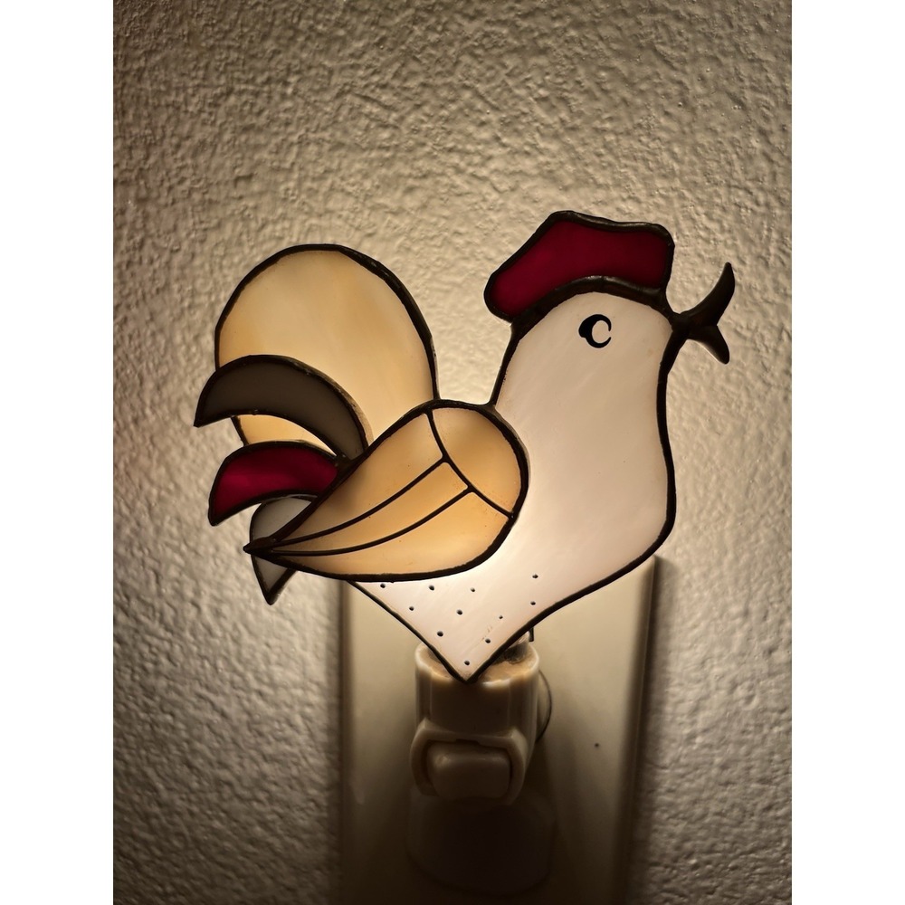 Vintage White Rooster Stained Glass Night Light Silver Tone Tiffany Style
